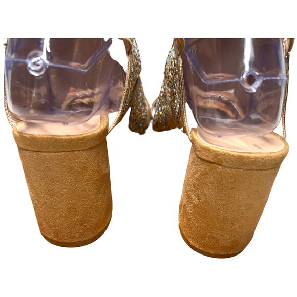 VENUS Womens 8 Tan Embellished Beaded Sandals Ankle Strap Block Heel - Picture 10 of 15